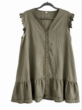 Olive Green Button Front Mini Dress / Cottagecore. Size S/M
